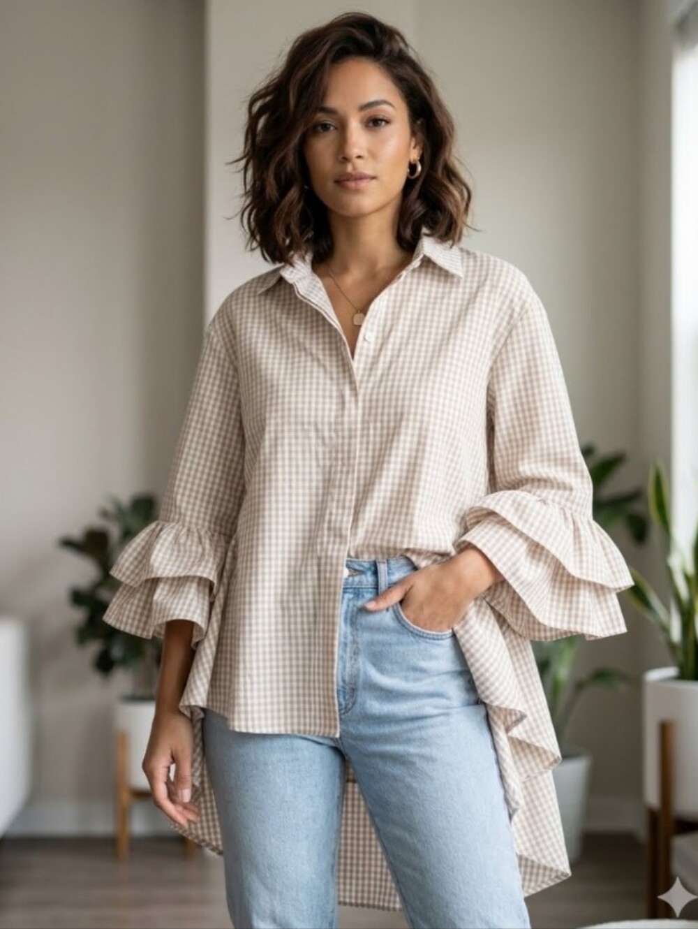 Ruffle Sleeve Gingham Button-Up Shirt — Light Beige & White NEW XL
